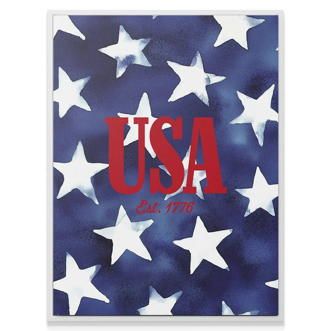 Angled shot showcasing the deep blue watercolor wash background of the USA Waterpaint canvas.