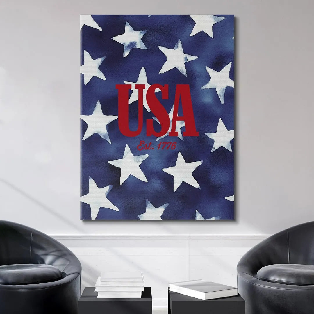 Detailed rendering of the red 'USA Est. 1776' typography on the USA Waterpaint design.