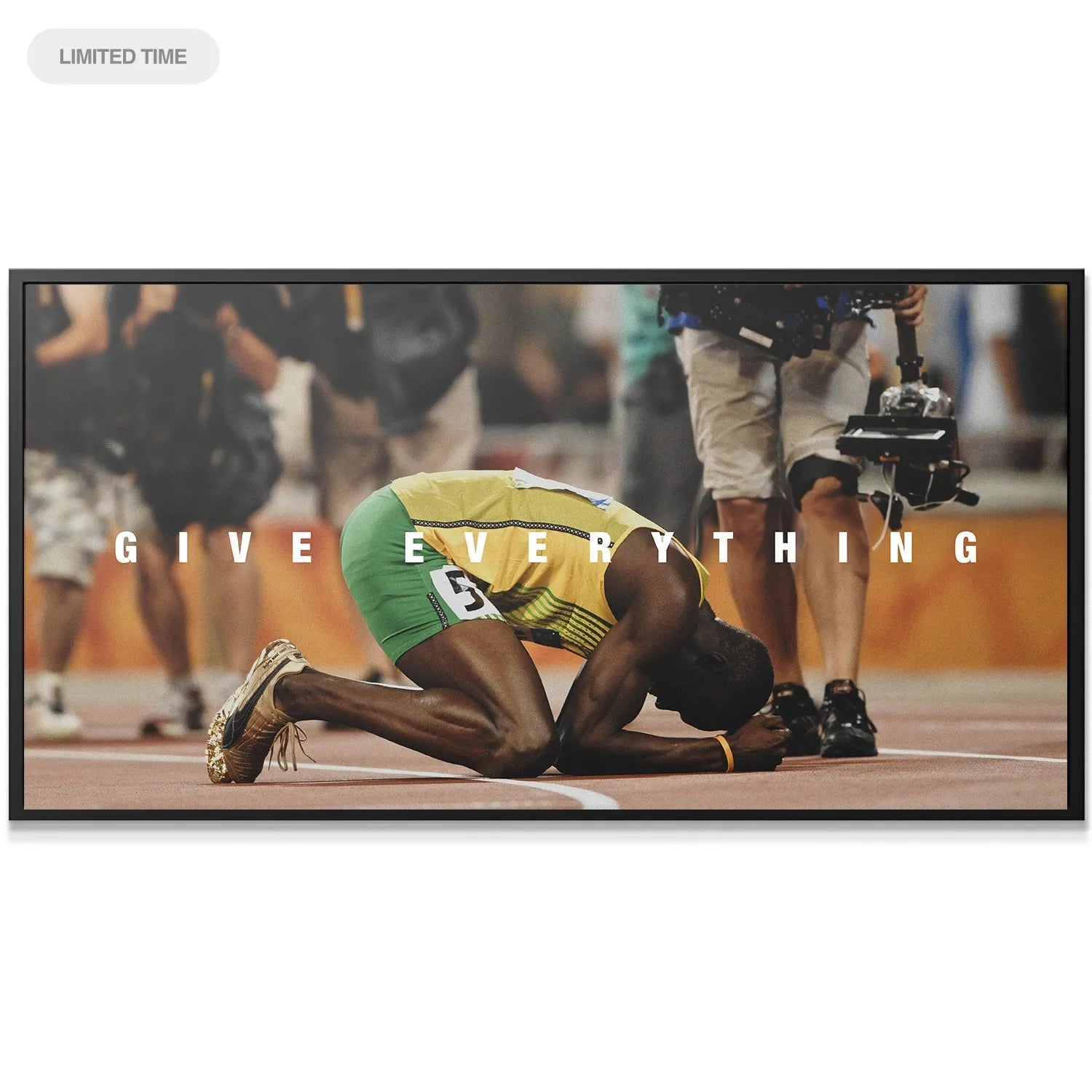 Close-up detail of Usain Bolt's hands and head bowed down in exhaustion, captured in the inspirational 'Usain Bolt - Give Everything' print.