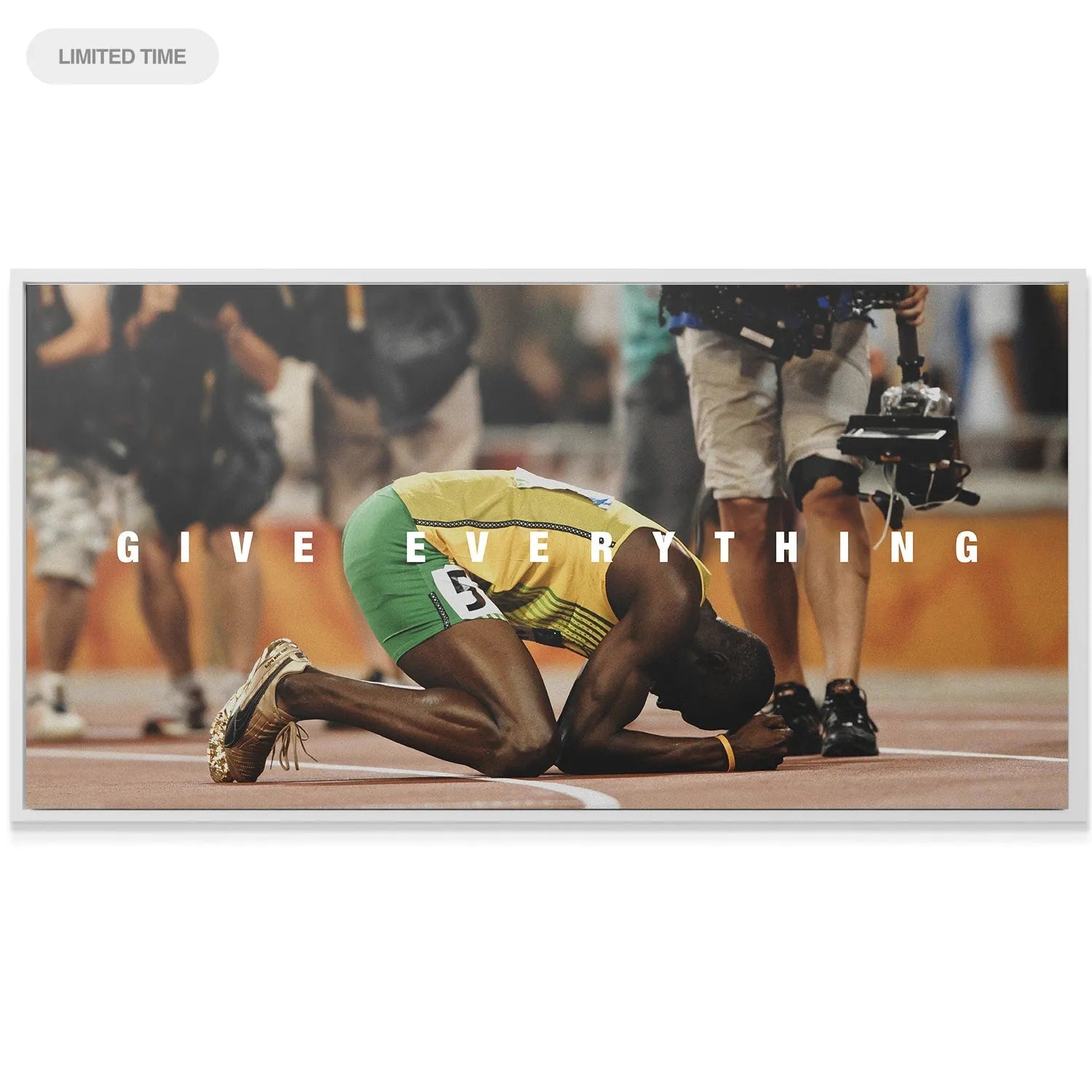 Low angle shot emphasizing the relief and monumental effort displayed in the iconic 'Usain Bolt - Give Everything' artwork.