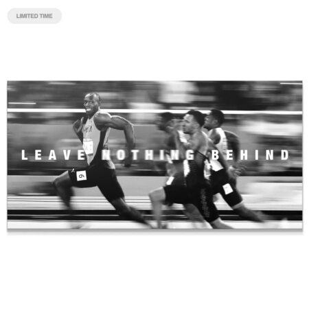 High-speed action photo of Usain Bolt - Leave Nothing Behind dominating the sprint track, showing intense motion blur.