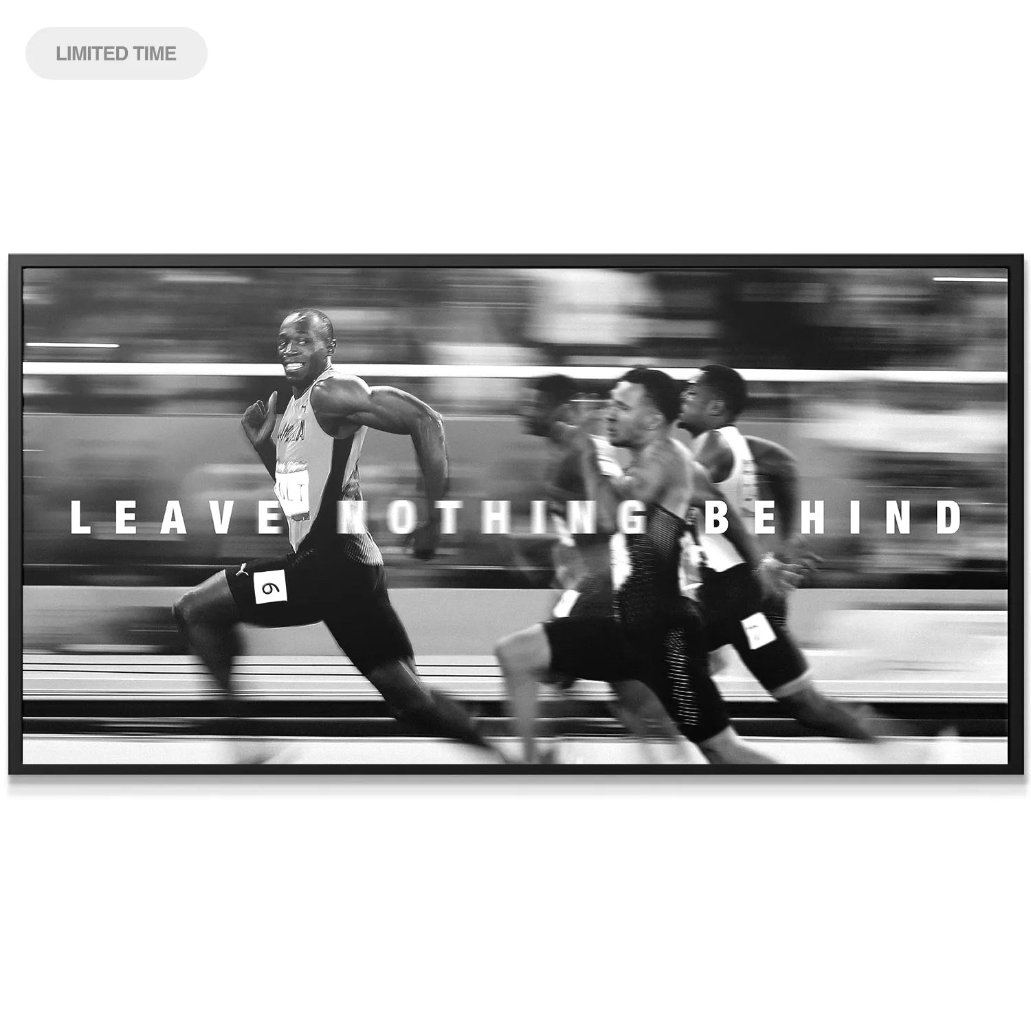 Monochrome close-up of Usain Bolt's determined face during the race captured in the 'Usain Bolt - Leave Nothing Behind' artwork.