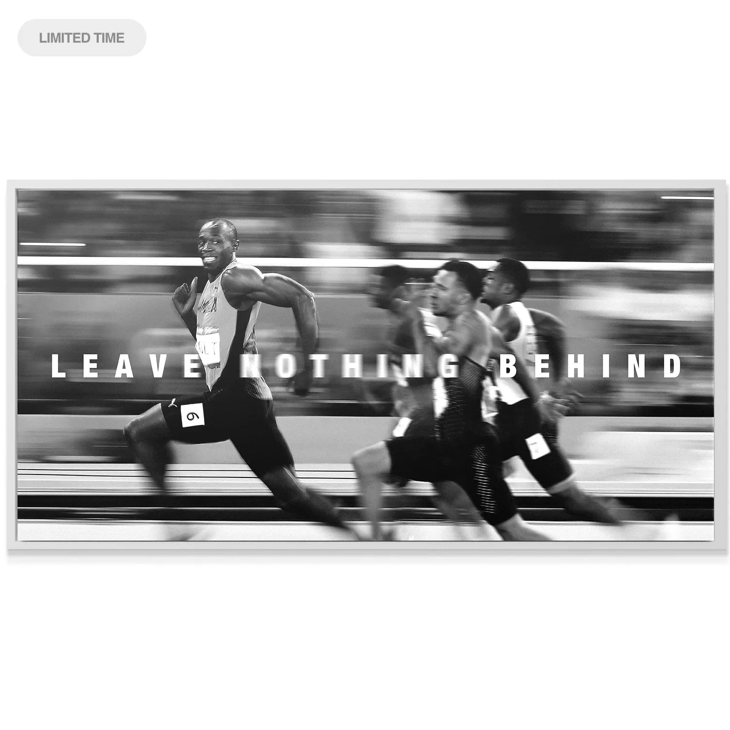 Full stadium view capturing the energy of Usain Bolt - Leave Nothing Behind as he sprints ahead of blurred competitors.
