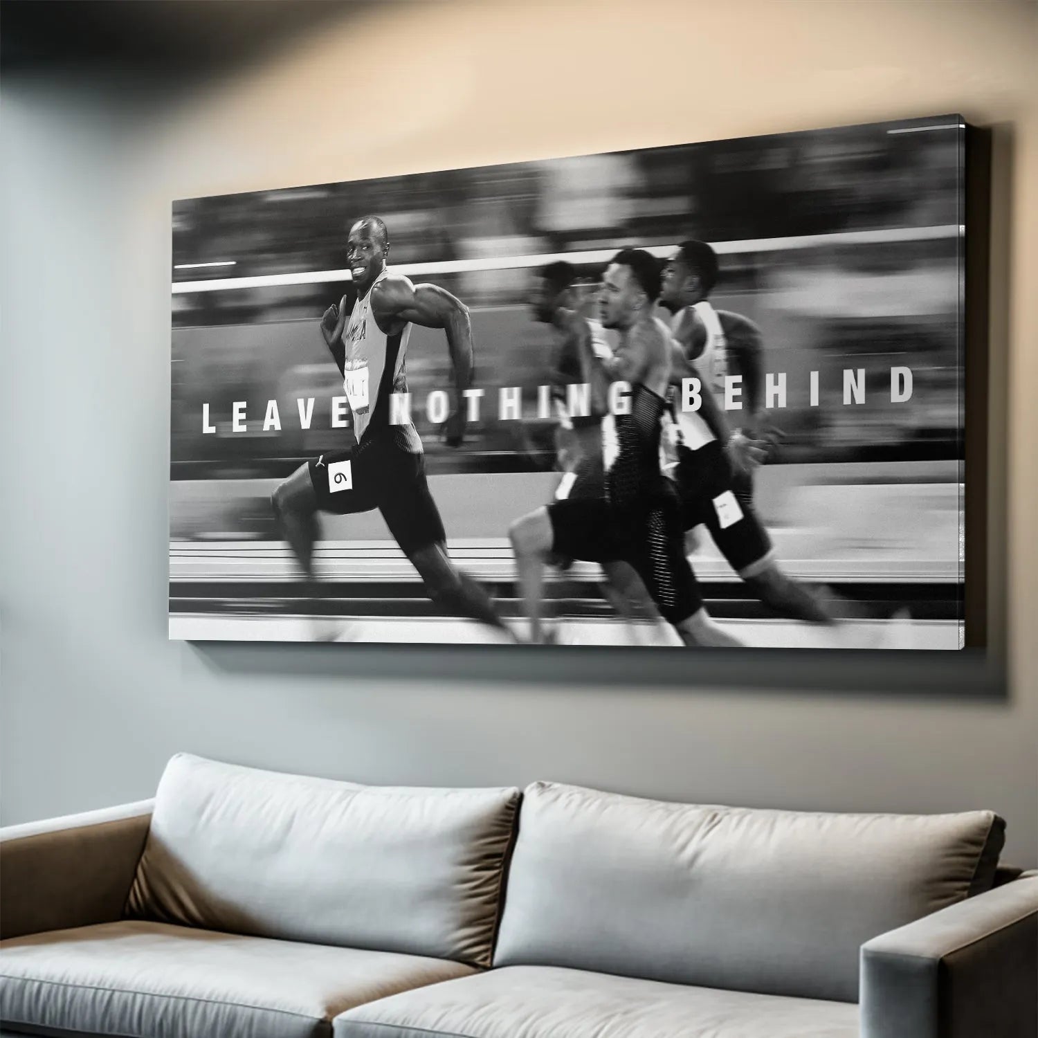 Side angle of Usain Bolt - Leave Nothing Behind showcasing his powerful musculature and stride in lane 6.