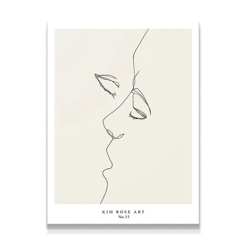 Close-up of the delicate line work focusing on the profiles in the Útimo Beso - White abstract print.