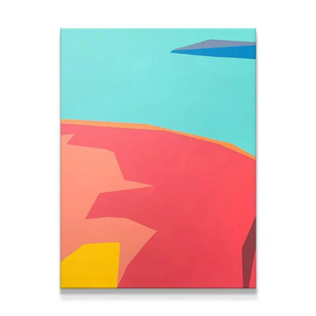 VANGOGHScrest: Full view of geometric abstract painting with coral, cyan, and yellow blocks.