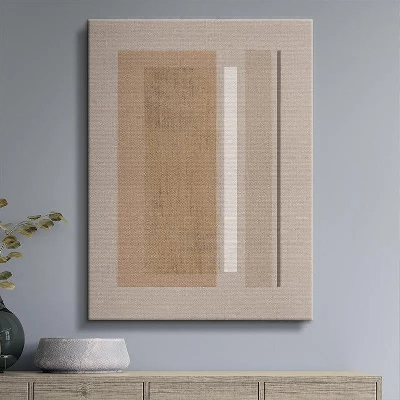 Lifestyle photo showing 'Velvet Beige' abstract art hanging above a sofa in a modern room.