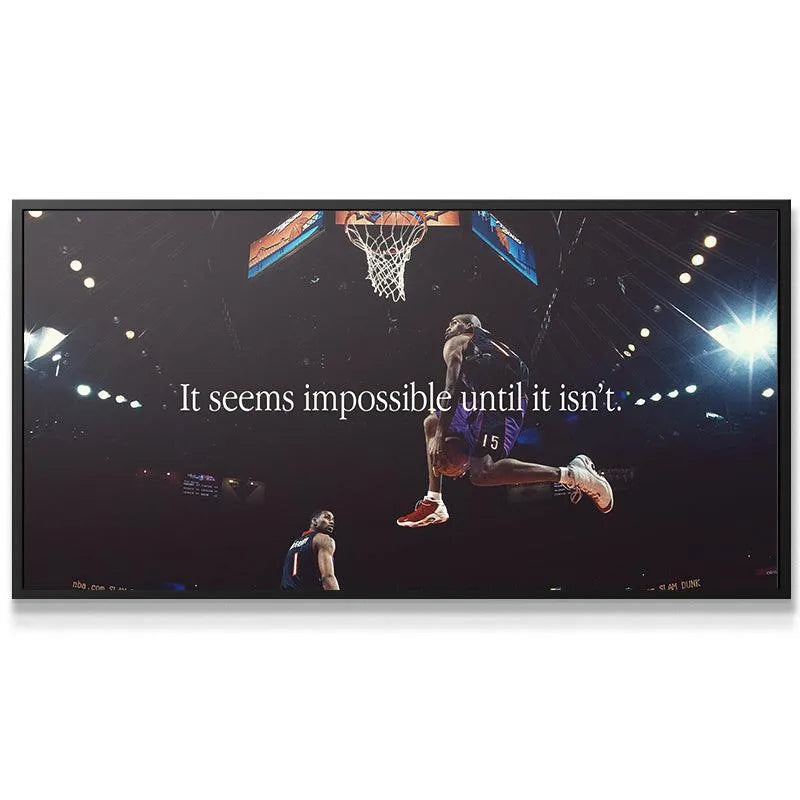 Close-up detail of the 'Vince Carter - Impossible' motivational quote text displayed on the canvas print.