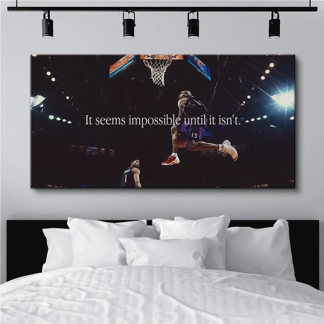 Texture shot highlighting the canvas weave and material quality of the Vince Carter - Impossible wall hanging.