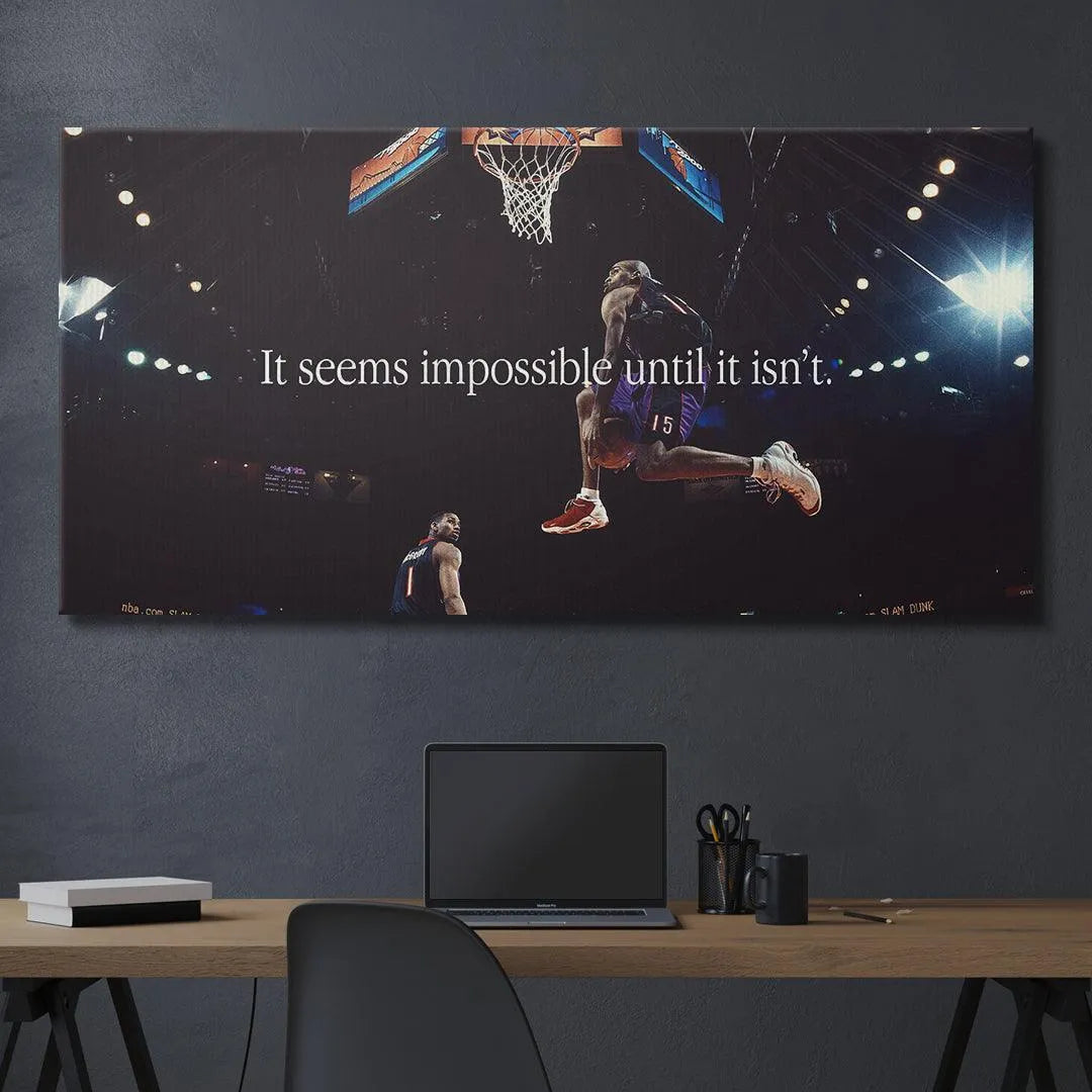 Dramatic low-angle perspective of the airborne basketball legend in the Vince Carter - Impossible artwork.
