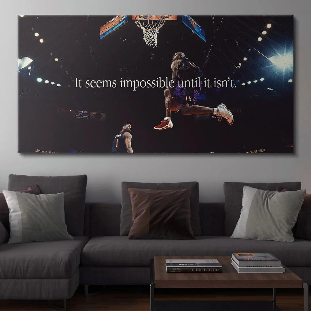 Detailed view of the Toronto Raptors uniform and number 15 featured in the Vince Carter - Impossible print.