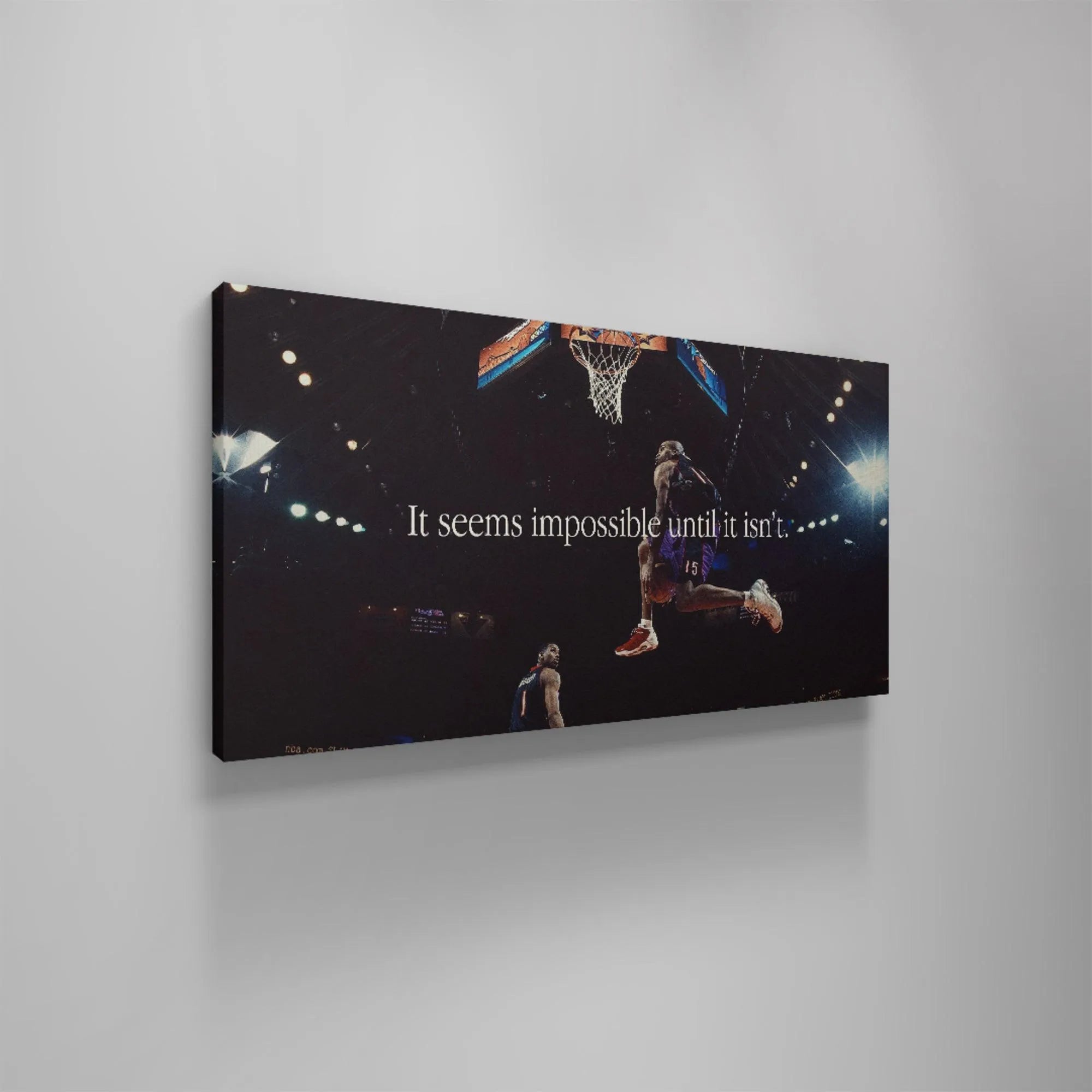 Overhead stadium lighting effect contrasting the dark court in the Vince Carter - Impossible print.