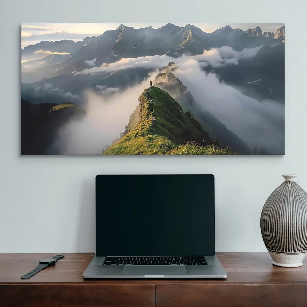 Atmospheric shot of low-hanging clouds enveloping the middle ground mountains, captured by 'Your Future (No Quote)' print.