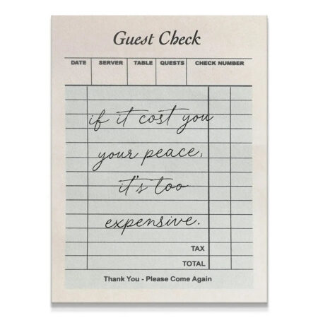 Full view of the retro Guest Check art print displaying the quote about Your Peace.